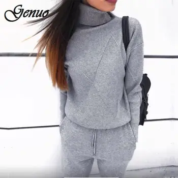 

Autumn winter Knitted tracksuit Turtleneck sweatshirts Casual Suit Women clothing 2 Piece set Knit pant Sporting suit Female