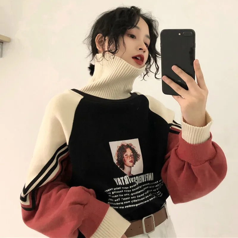 

Turtleneck Patchwork Sweatshirts Cartoon Letter Warm Long Sleeve Women's Harajuku Pullovers