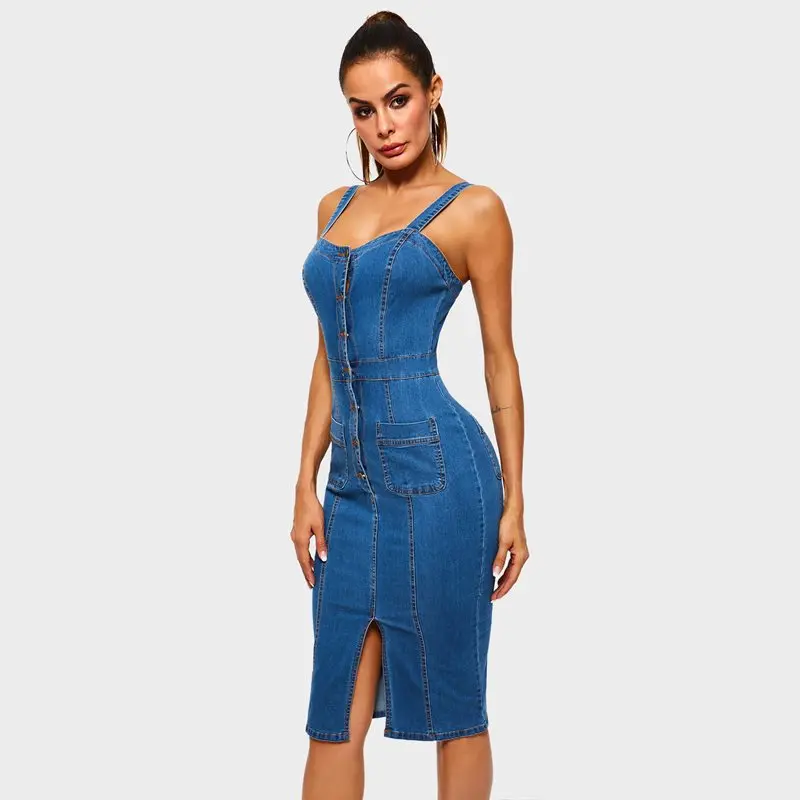 

Straps Denim Dress Women Blue Vintage Elegant Casual Sundress Fashion Hot Sale Female Summer Street Sexy Split Bodycon Dresses