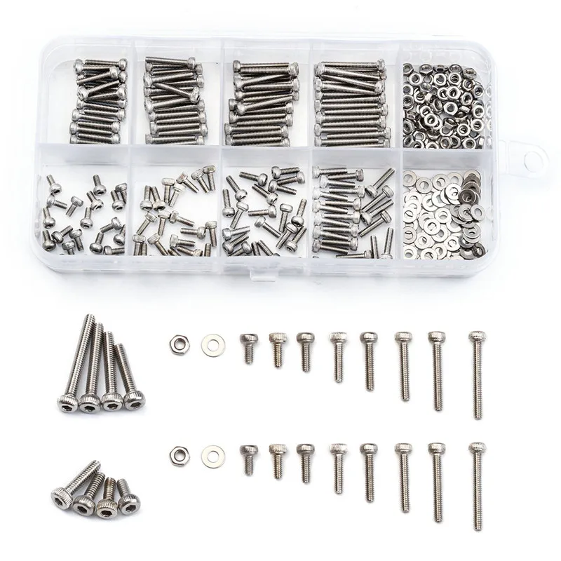 

320PCS 304 Stainless Steel M2 Hexagon Socket Head Cap Screws Bicycle Hex Bolts With Nut Flat Washer Assortment Tool Box