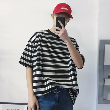 

2019 Spring Summer Korean Men Casual Loose Stripe Cotton Top Tee Round Neck Short Sleeve T-shirt Youth Homme Plus Size S-3XL