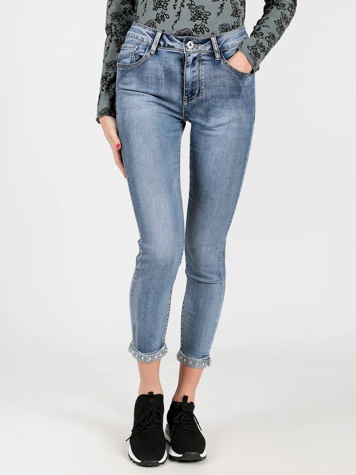 High waist three quarter pants summer woman jeans slim elastic thic mid