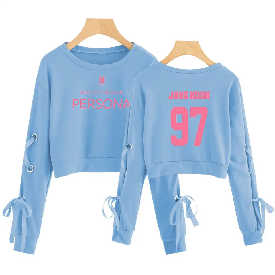

2019 Women Album Map Of The Soul Persona Sleeve Openwork Bow-Knot Capless Hoodies Women/Men Sweatshirt Kpop Crop Top Clothes