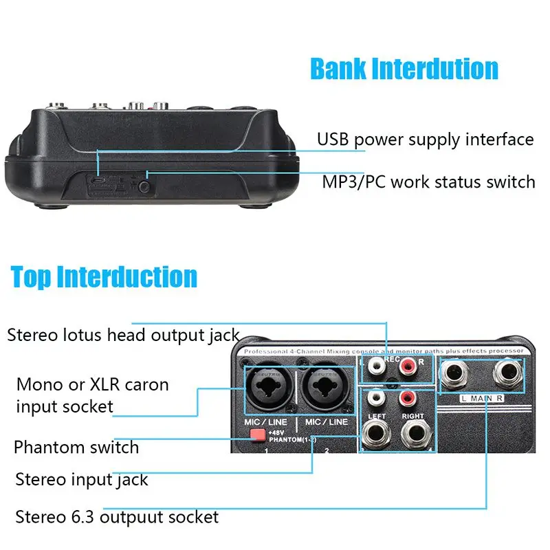  Portable Audio Mixer A4 Sound Mixing Console bluetooth Record 48V Phantom Powe Effects 4 Channels A