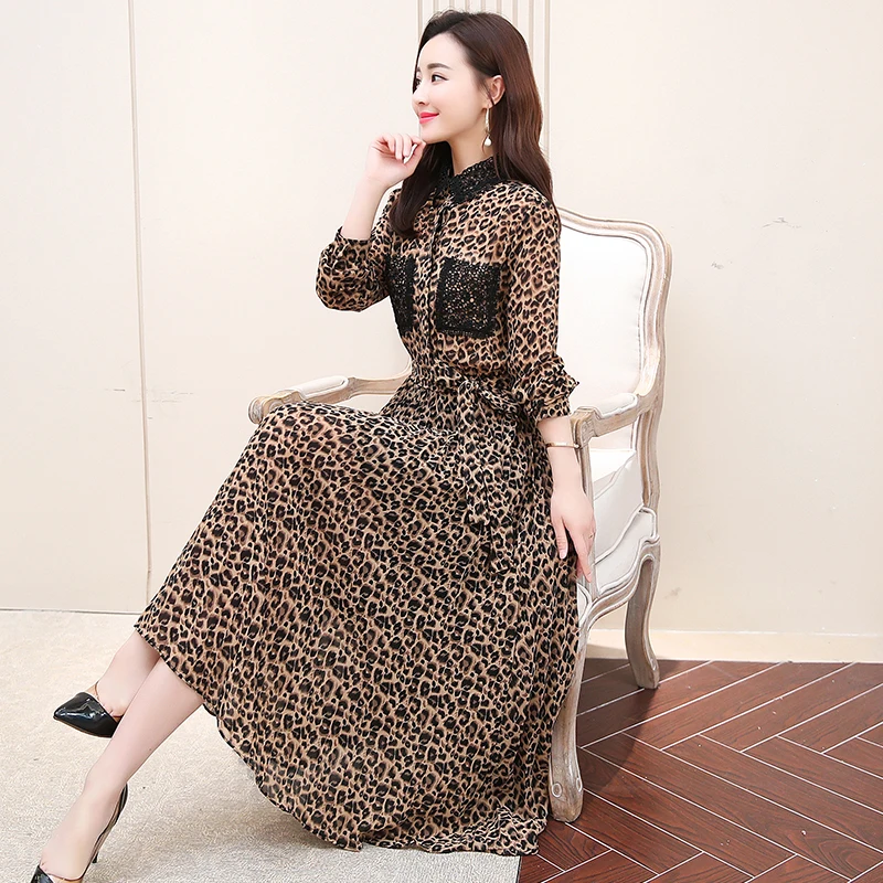 

2019 New Spring Women dress Leopard Slim Over-the-knee Someone Taste Waist Dresses Red Yellow 6035