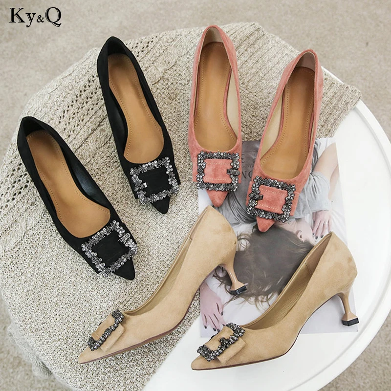 

2019 Spring New Ladies Fashion Suede Shallow Mouth Comfortable Stiletto Pointed Square Buckle Wild Mid-heel Work Shoes 3-5cm