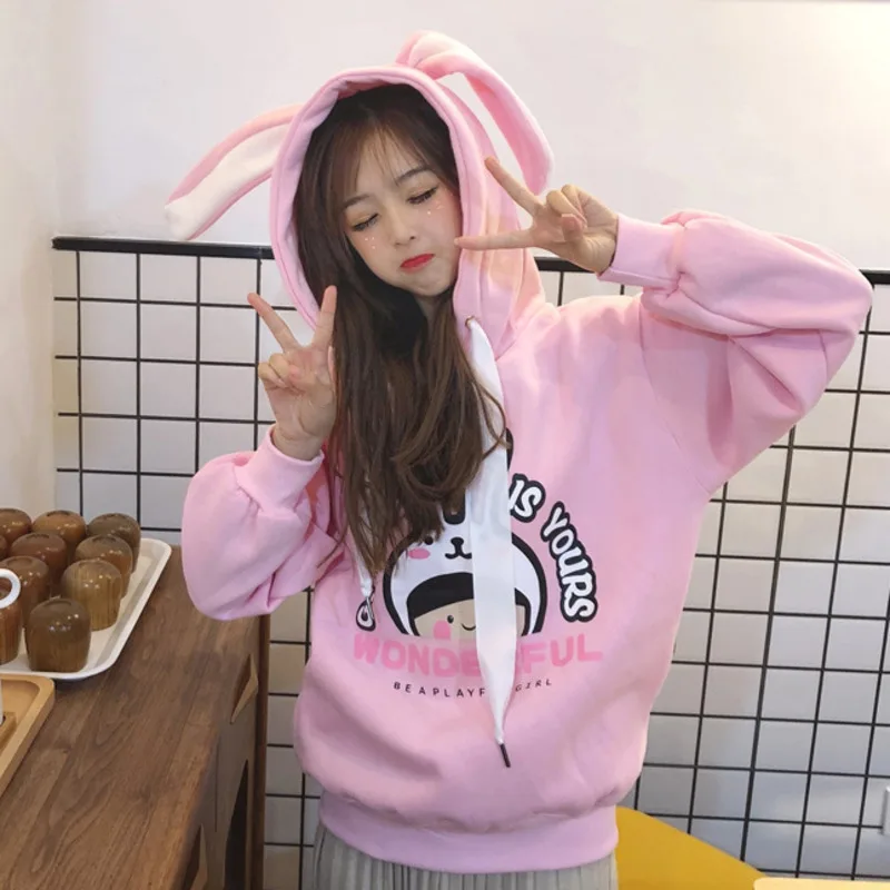 Kawaii толстовки для девочек кролик длинное ухо Sudadera мультфильм печати Толстовка для женщин зима плюс бархат Теплый пуловер топ размера плюс 2XL