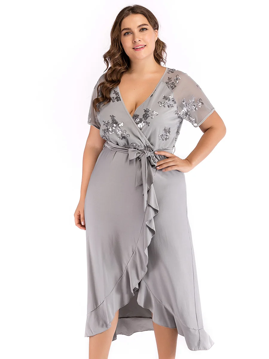

Women Sexy wrap dress elegant Plus Size Sequins Stitch Deep V Neck Irregular Ruffled Hem Dress vintage party ladies long dresses