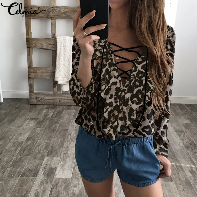 

Celmia Women Sexy Lace Up Leopard Blouse Chiffon Shirts V Neck Long Sleeve Tops 2019 Summer Ruffle Shirt Casual Loose Blusas 5XL