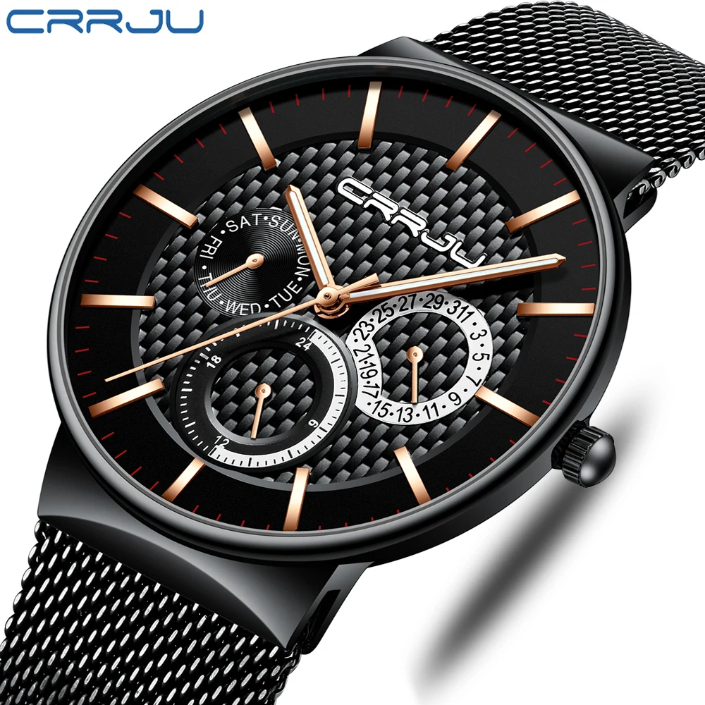 

2019Mens Watches CRRJU Top Luxury Brand Fashion Waterproof Ultra Thin Clock Male Full Steel Quartz Watch Men Business Wristwatch