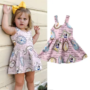 

Sleeveless Cartoon Print Strap Dress For Girls