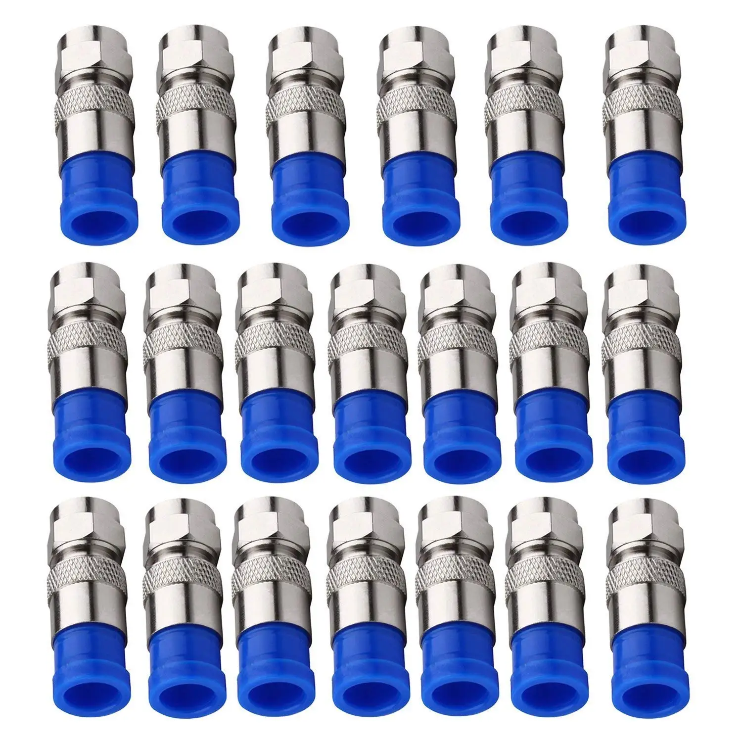 Rg6 F Type Connector Coax Coaxial Compression Fitting 20 Pack (Blue)