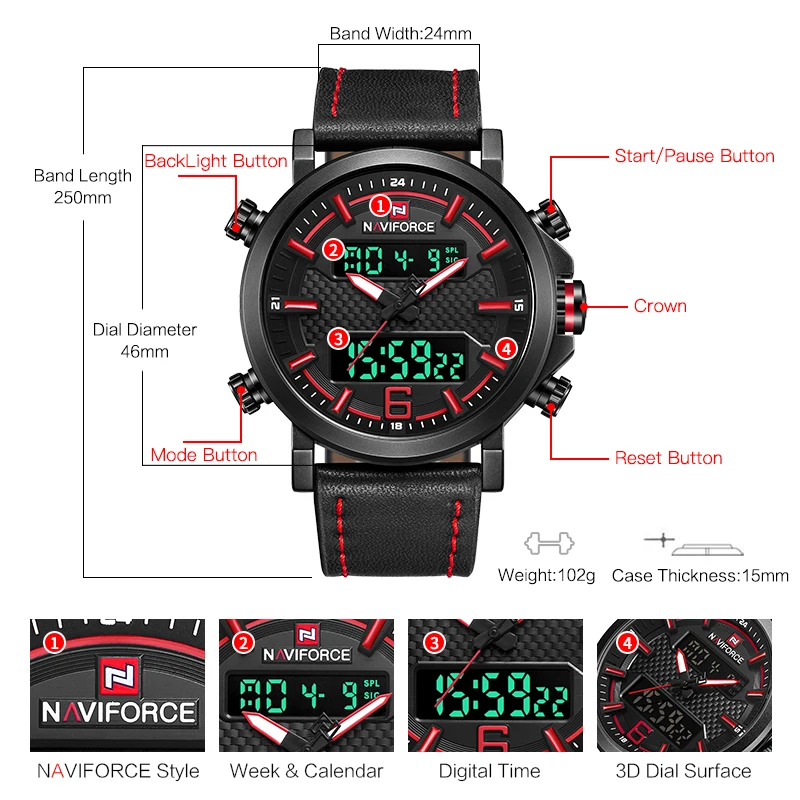 Лидирующий бренд NAVIFORCE мужские спортивные часы кварцевые Светодиодные цифровые