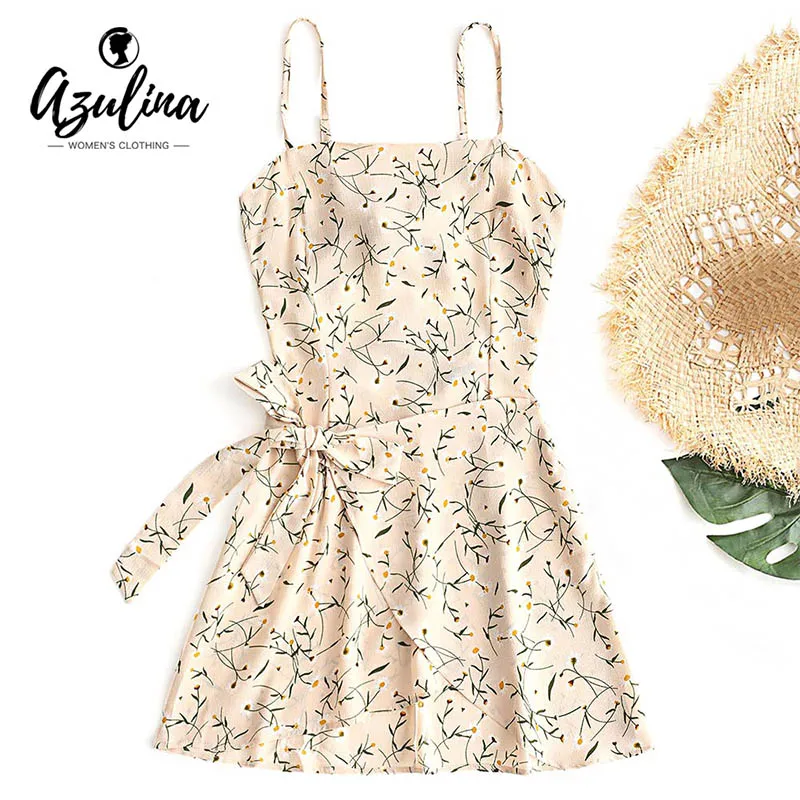 

ZAFUL Spaghetti Strap Backless Floral Print Bowknot Strap Women Mini Dress Women Summer Dresses Beach Boho 2019 A-Line Dress