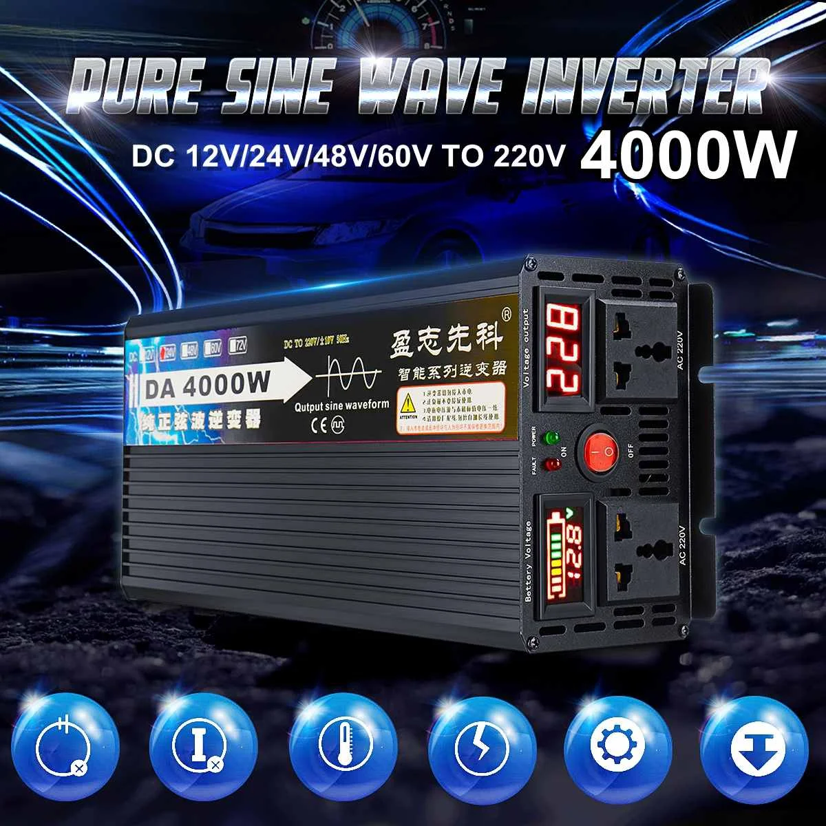 

4000W Voltage transformer pure sine wave solar power inverter DC 12V 24V 48V 60V to AC 220V LCD/LED Display