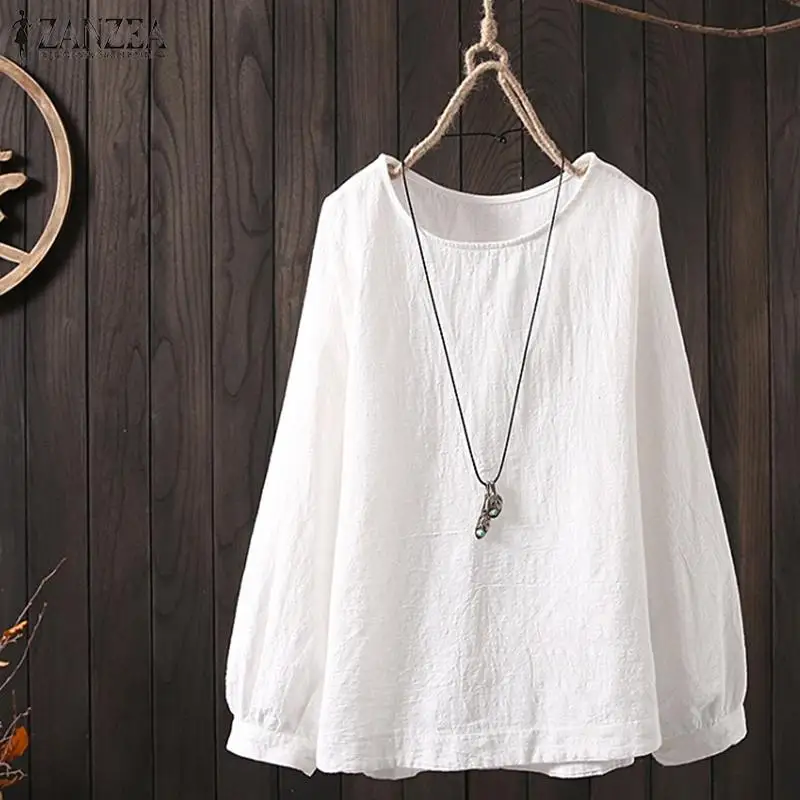 

Vintage Summer Cotton Linen Blouse ZANZEA Women Lantern Sleeve Solid Shirt Casual Tunic Tops Femme Work Blusas Chemise Femininas