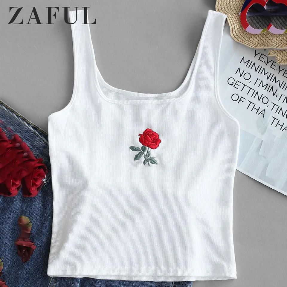 ZAFUL Rose Embroidery Tank Tops Short Shirt Cotton Thin Summer Crop Top  Vintage Women Summer Tanks 2019 Floral Streetwear Tees|Tank Tops| -  AliExpress