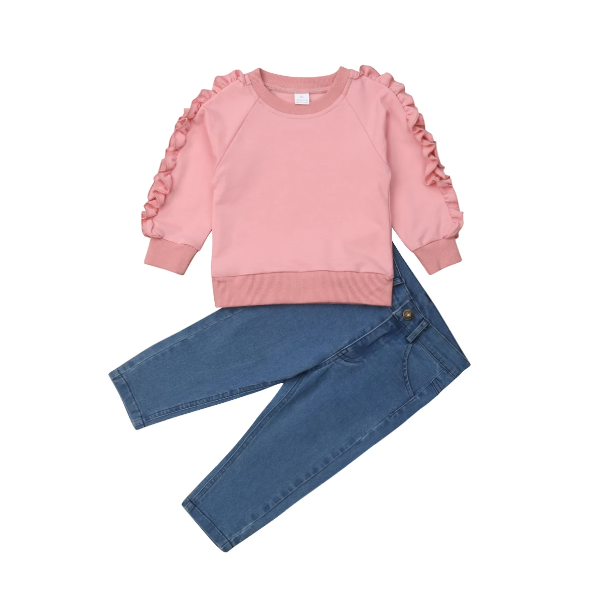 

Toddler Kids Baby Girl Ruffle Long Sleeve Tops Sweatshirt Denim Pants Warm Outfits Autumn Spring Clothes Set