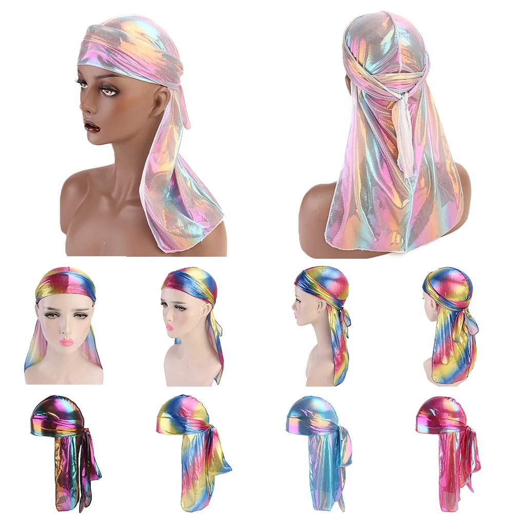 

Men Women Colorful Sparkly Turban Bandana Hat Hot Pink 2019 New Fashion Charms Chic Lady Hot Durag Rag Tail Headwrap Headwears