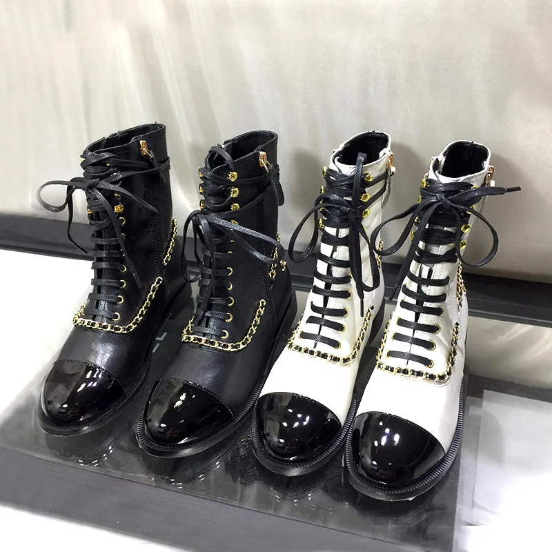 

botas mujer Shoes Woman Leather Ankle Woman Martin Boots Chain Cross-Tied Mixed Color Boots Woman Metal Deaora bota feminina