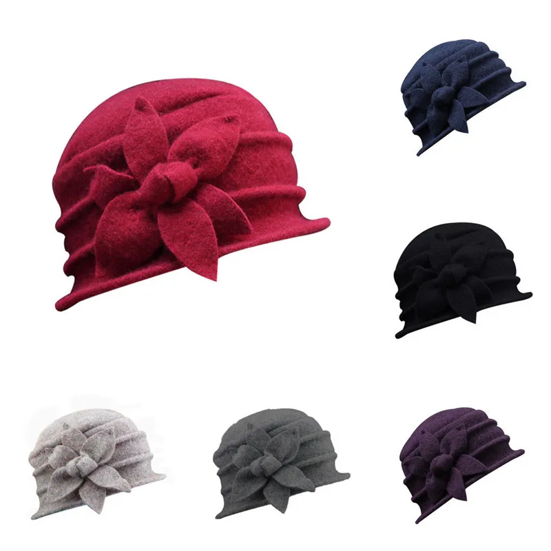 

Stylish Women Fashion Casual Solid Flower Wool Felt Bucket Hat Cloche Beanie Cap Winter Warm One Size For Girls
