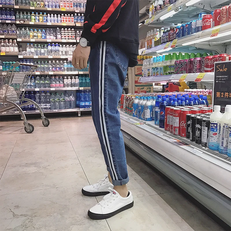 2019 новый список полосатые края мужские мешковатые синие джинсы корейские
