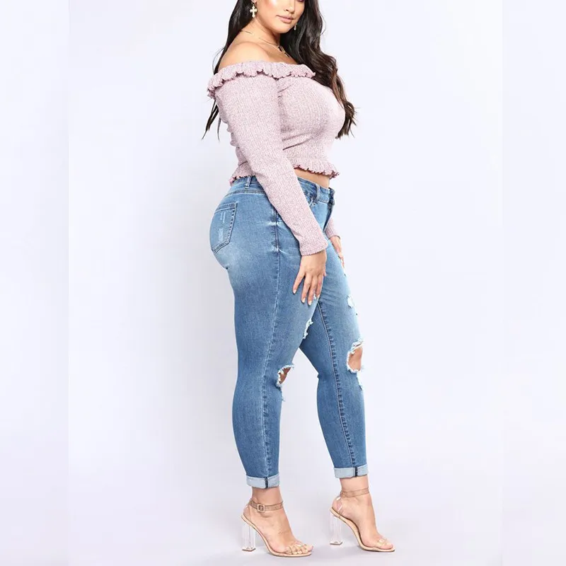 Dilusoo Women Holes Plus Size Jeans Pants High Elastic Skinny Pencil Pants Denim Jeans Woman Casual Spring Size 2-7XL Trousers