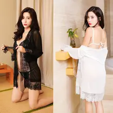 Пикантные Для женщин кружевное нижнее белье, набор нижнего белья с длинным рукавом Прозрачная в стиле бэйбидолл платья бюстгальтер со стрингами, одежда для сна, комплект одежды из 3 предметов