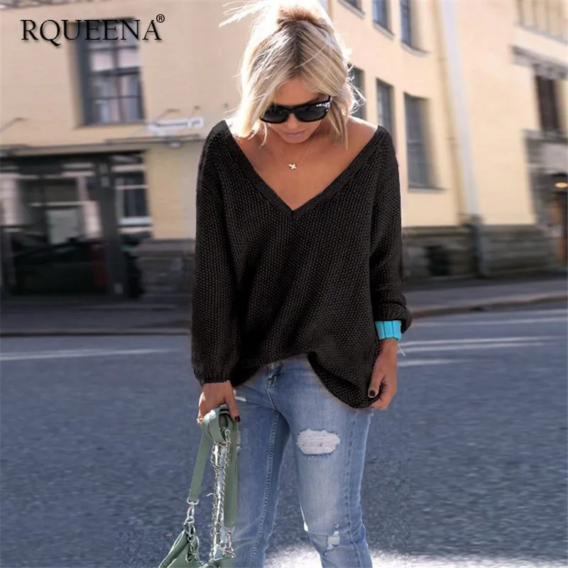

Rqueena Spring Autumn Women's Sweaters And Pullovers Black/White/Pink/Green/Blue Knit Pullover Jumper Long Sleeve Sweater PU011