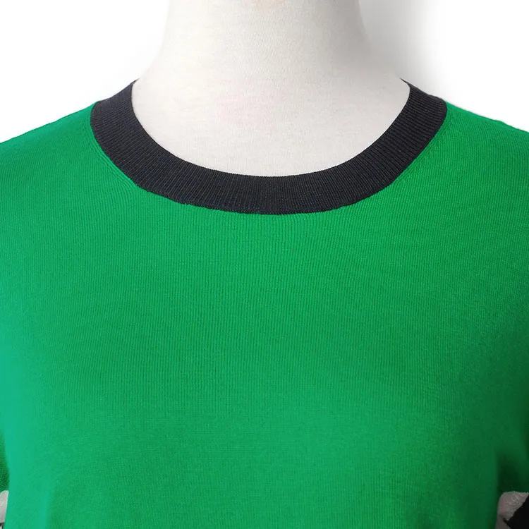 YUNINYOYO autumn thin cotton knitwear color Blocking round neck geometric pattern short front end and long back end jumper YUNINYOYO autumn thin cotton knitwear color Blocking round neck geometric pattern short front end and long back end jumper