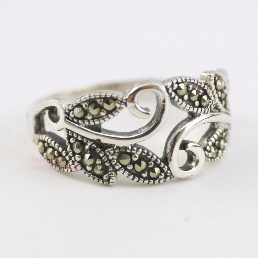 

925 Solid Sterling Silver Fashion Jewelry Retro Leaf Flowers Marcasite Ring A3084