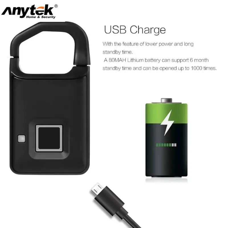 Anytek P4 отпечаток пальца Замок USB Перезаряжаемый умный без ключа Противоугонный чемодан с висячим замком дверной замок Противоугонная способность