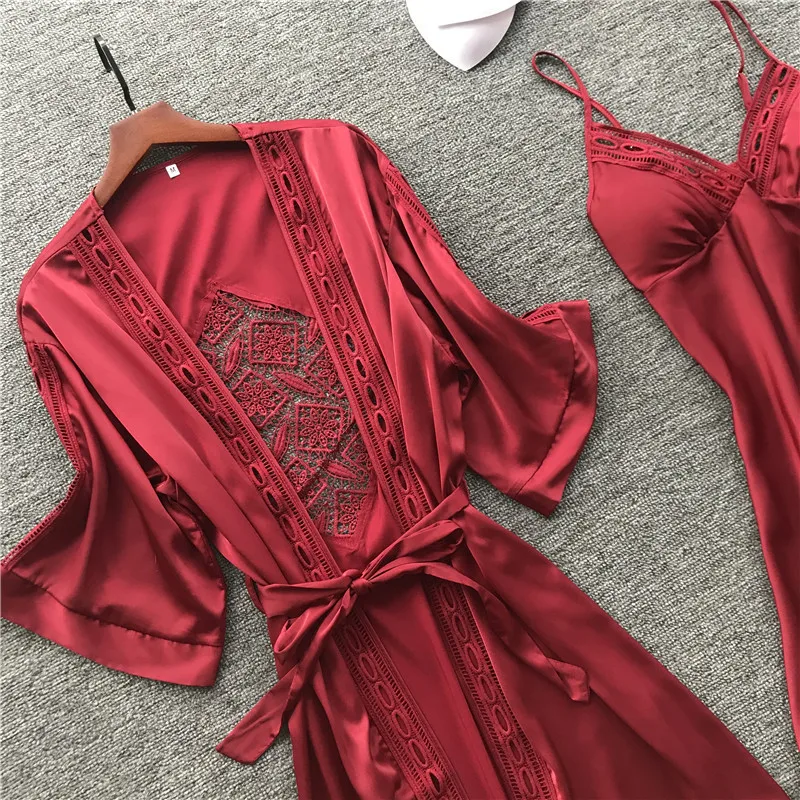 Women Robe& Gown Long Sleeve Ladies Nightwear Sets Sexy Lace Sleep Lounge Pijama Bathrobe Night Dress With Chest Pads