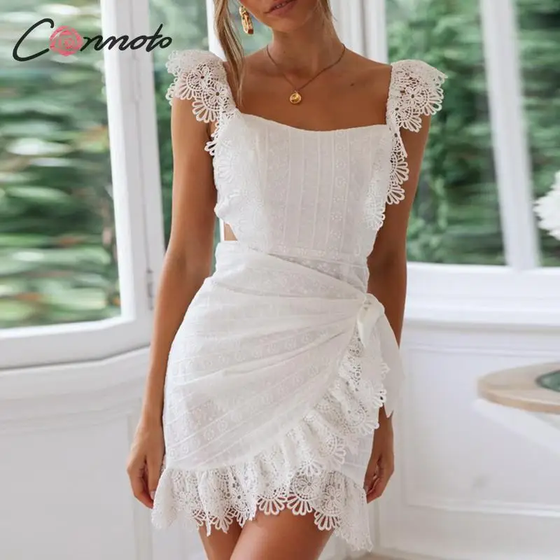 Conmoto Белое кружевное платье с открытой спиной, сексуальное летнее платье с вышивкой, элегантное облегающее платье, короткое платье с вырезом, лето