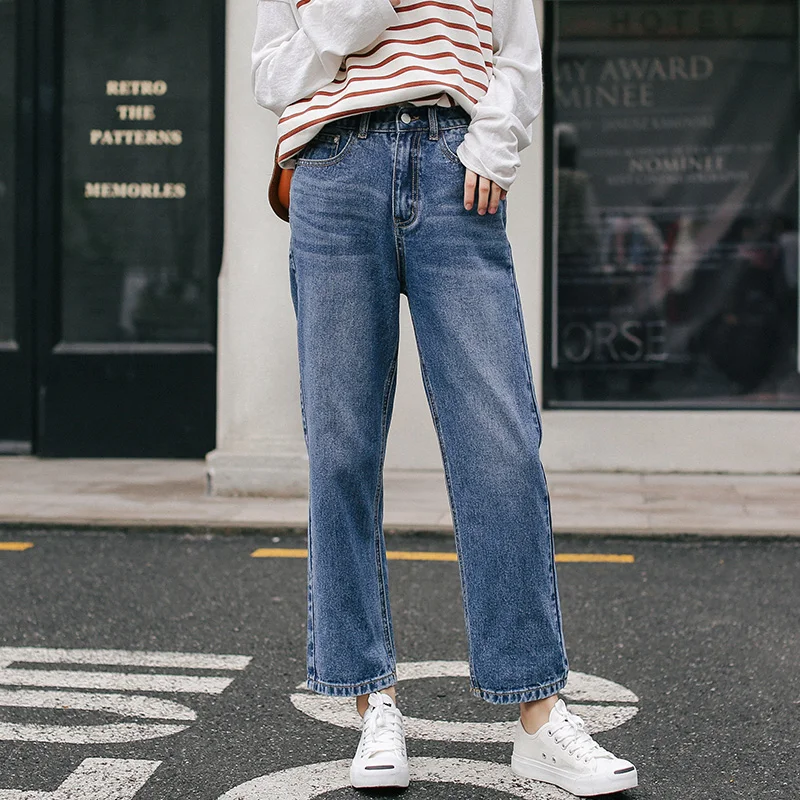 Blue Denim Jeans Woman Straight Leg Mid Waist Mom Jeans Streetwear Korean Fashion Loose Pants 6175#
