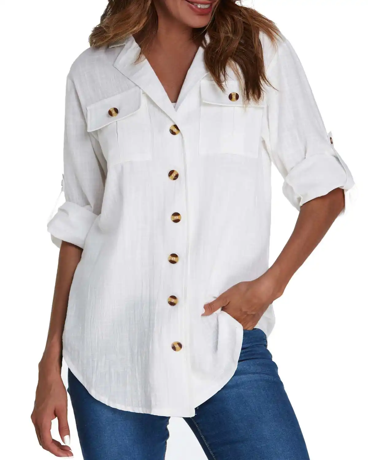 

Women Casual Solid Blouse Shirts Elegant Turn-Down Collar Lapel 3/4 Sleeve Pockets Buttons Asymmetrical Hem Top Blusas Femininas
