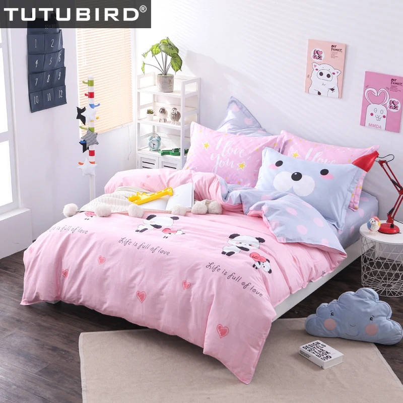 

100% cotton pink panda bedding set for boy girl 4pcs cartoon duvet cover modern bedspread home textile queen size bed set