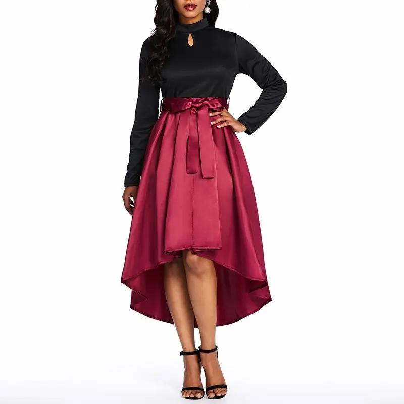 

Spring New Party Midi Dress Women Fashion Patchwork Simple Elegant Lace Up Slim High Waist Evening Red Vintage Dresses Female
