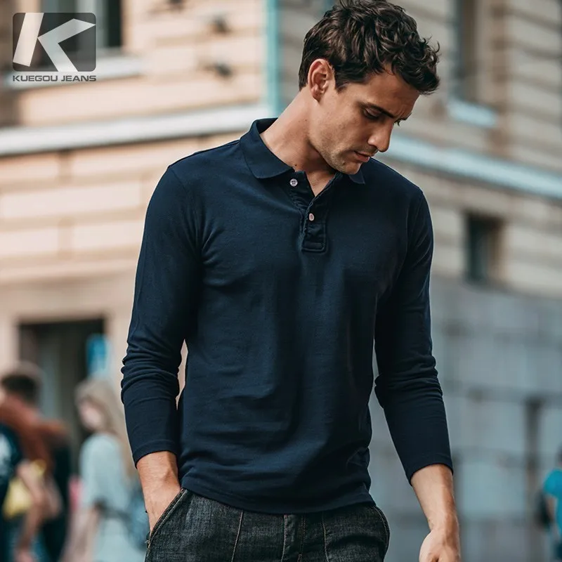 

Autumn Men Poloshirts 100% Cotton Solid Blue Black For Man Fashion Long Sleeve Slim Fit Clothing 2018 New Male Wear Tops 574