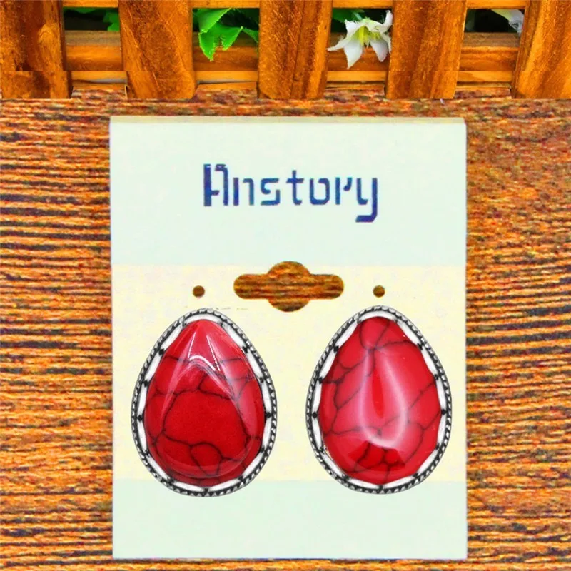 5 Colors Water Drop Stone Earrings Stud Vintage Lady Antique Silver Plated Push-Bback Earrings Fashion Jewelry TE509