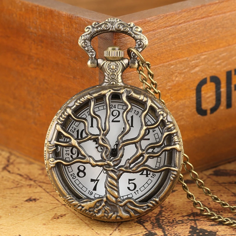 

Hollow Case Retro Floral rattan Pocket Watch Necklace Chain Bronze Big Tree Design Pendant Old Fashion Clock Hours Unisex Gifts