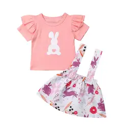 Милый комплект из 2 предметов для новорожденных и маленьких девочек, пасхальный одежда с кроликами, хлопковый топ с короткими рукавами