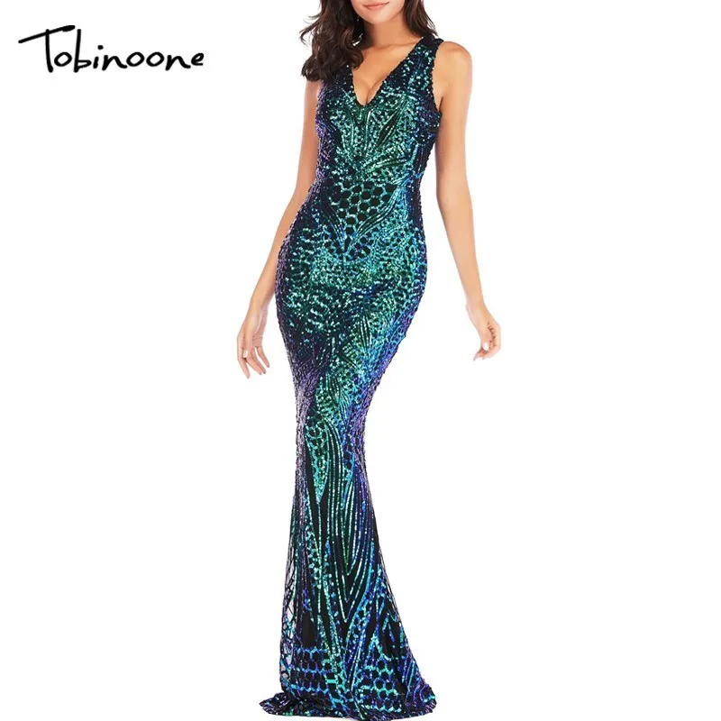 

Tobinoone Sequin Sexy Dress Women Vestidos Elegant Maix Long Dress V Neck 2019 Spring Summer Night Club Party Dresses Women