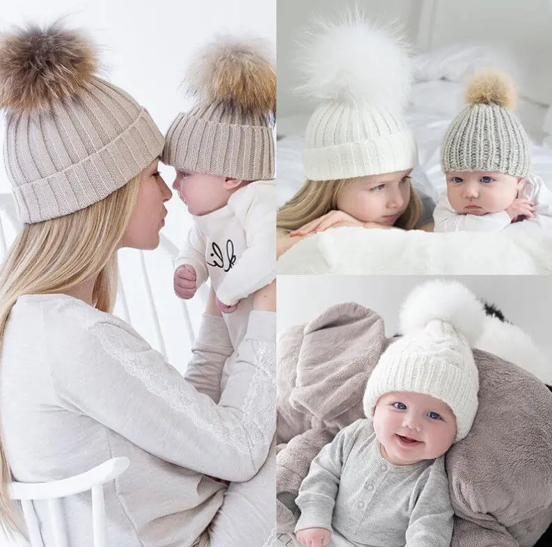 Теплые зимние шапки для всей семьи, 2 предмета вязаная шапочка для мамы и ребенка, зимняя меховая шапка с помпонами, вязаная Лыжная прочная чашка Pudcoco
