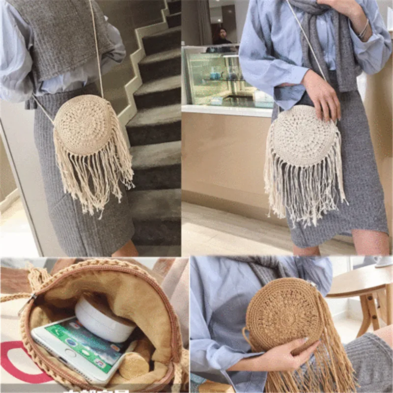 Круглая плетеная Сумка из ротанга с кисточками Соломенная пляжная сумка