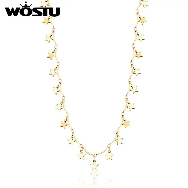 

WOSTU 2019 Hot Fashion Women Gold Color Lucky Star Pendant Necklace Handmade Chain Choker Necklace For Women Jewelry Gift DBN003