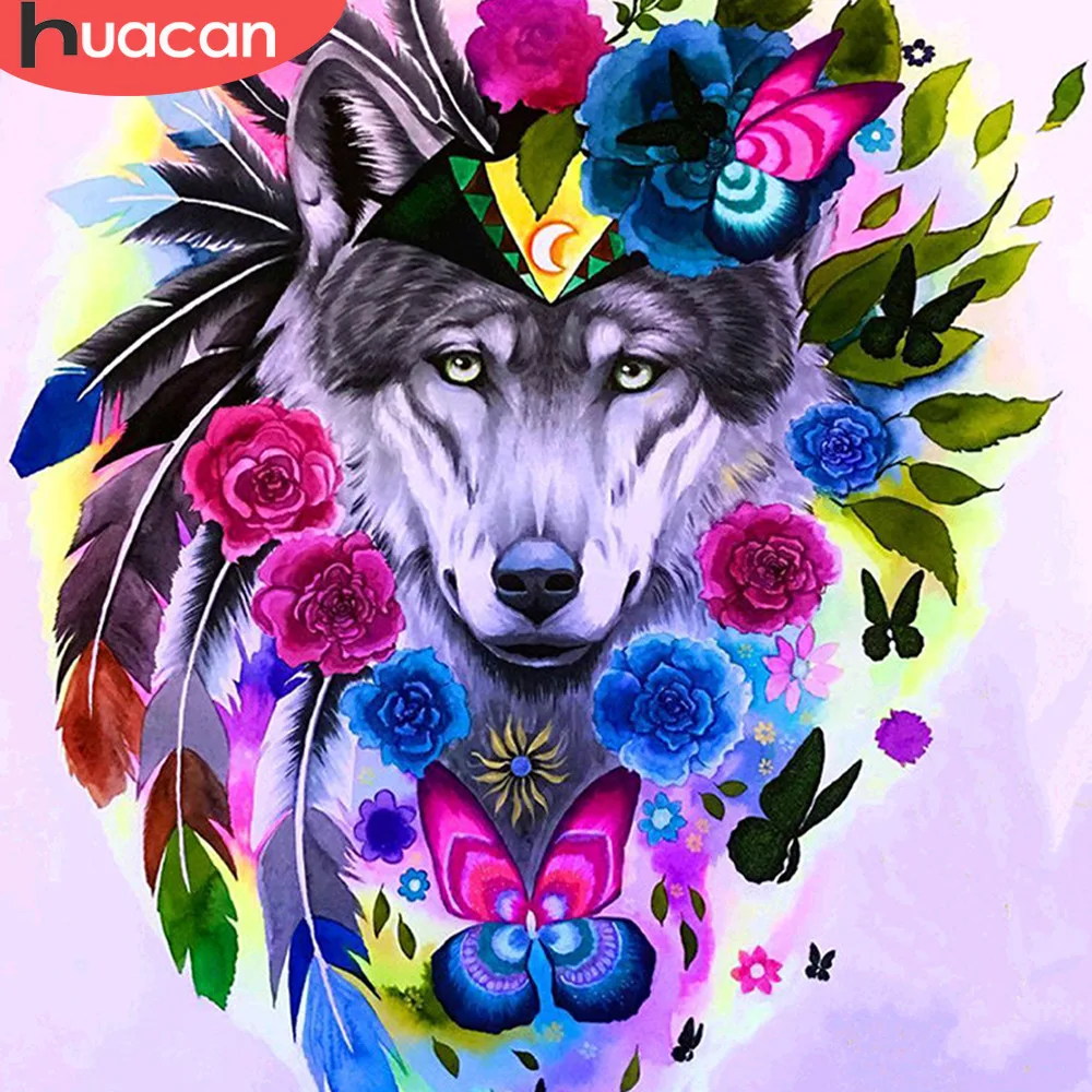 

HUACAN DIY Diamond Painting Full Square Wolf And Flower Diamond Embroidery Cross Stitch Rhinestone Wall Stickers Home Decor Gift
