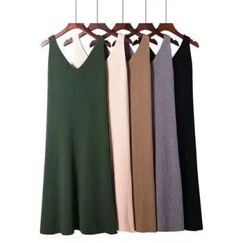 

GIGOGOU Spaghetti Strap V Neck Women Sweater Dress Autumn Knitted Pullover Sweater Mid-calf Long Halter Dress Elasticity Jumper