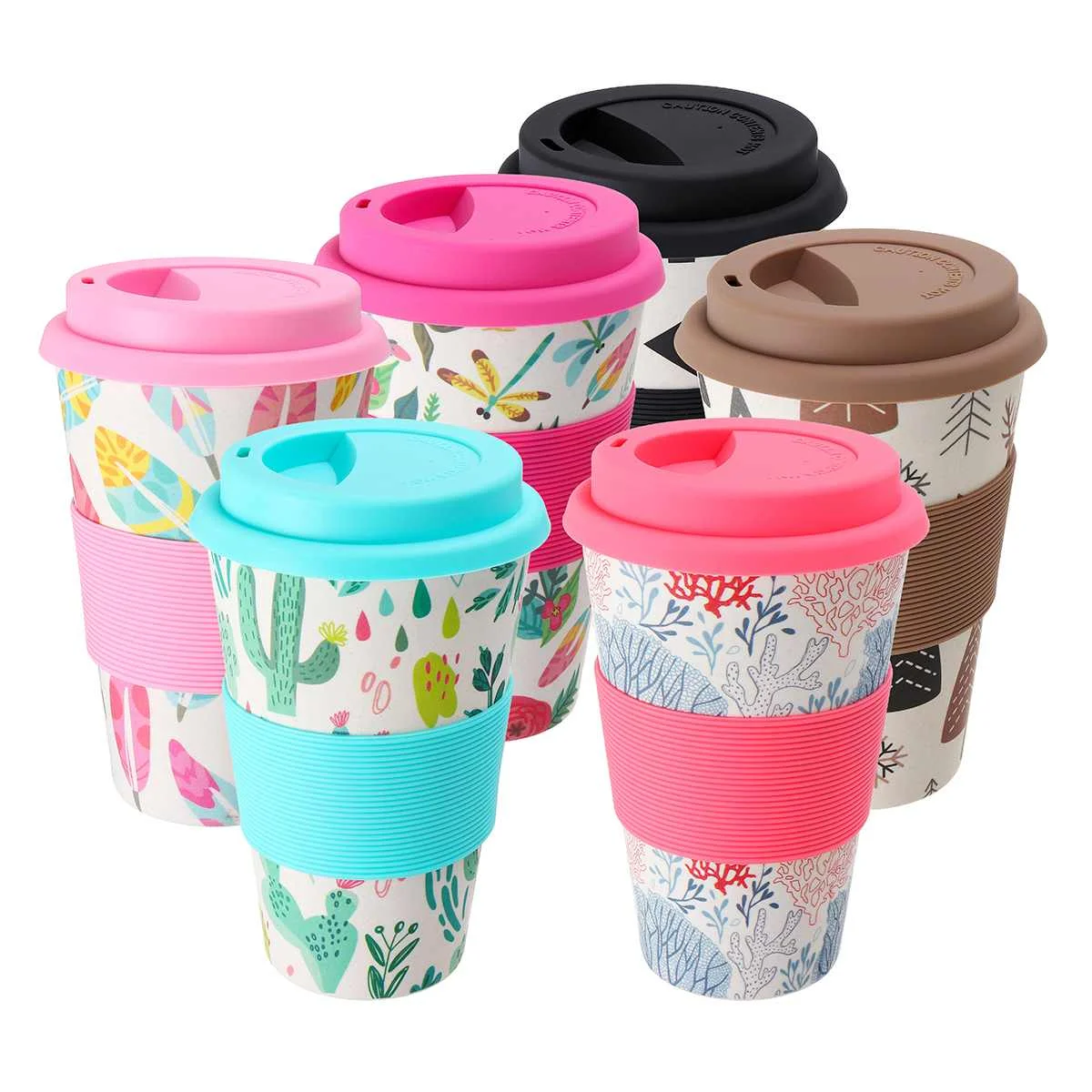 400ml Portable Practical Reusable Bamboo Fiber Silicone Cap Coffee Cups Eco Friendly Non slip Printing Travel Mugs Useful|Кружки| |