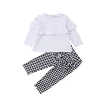 価格 幼児子供フリルチェック柄トップスパンツレギンス 2 ピース服服セット
